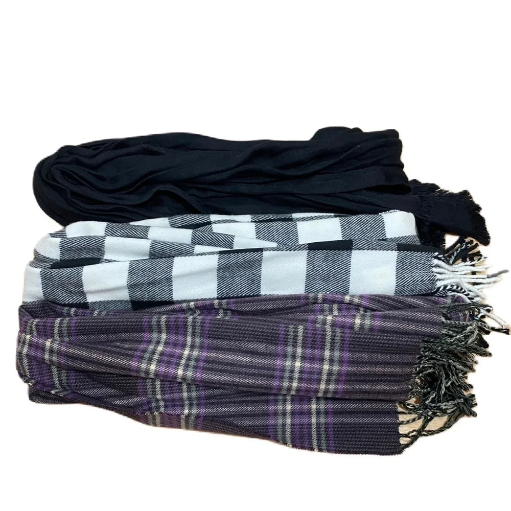Scarf Bundle Purple Plaid Fringe Black Gray Striped